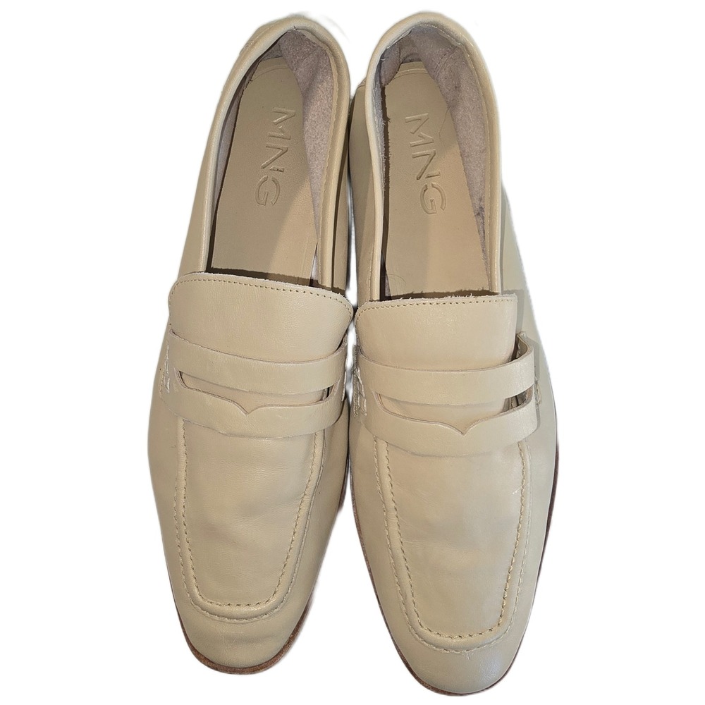 Mango MNG Womens Cream Beige Leather Penny Loafers Square Toe 87064046 Size 38